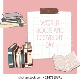 book collection graphic vector illustration, text. top view, perfect for backgrounds, social media and commemorating world book day