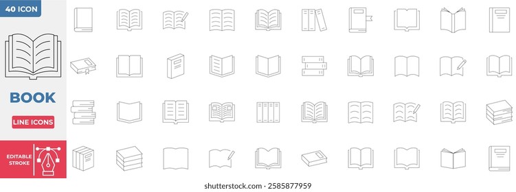 Book Collection icon set. Editable Stroke Line. Vector illustration. 