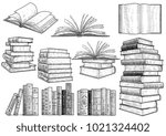 Book collection illustration, drawing, engraving, ink, line art, vector