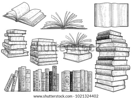 Book collection illustration, drawing, engraving, ink, line art, vector