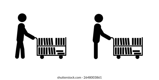 book collection, library cart concept. Bookstore or bookshop icon. World book day. Stick figure man and carrying books. Book shelf, books pile. Library, shelves of books.  For reading room.