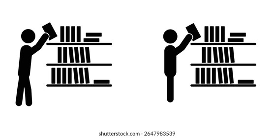 book collection, library concept. Bookstore or bookshop icon. World book day. Sticf figure man and bookcase.  Book shelf, books pile. Library, shelves of books.  For reading room.
