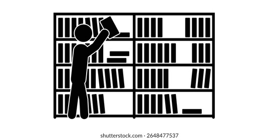 book collection, library concept. Bookstore or bookshop icon. World book day. Stick figure man and bookcase.  Book shelf, books pile. Library, shelves of books.  For reading room.