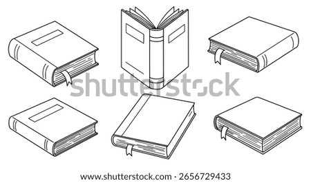 Book collection in a simple, 3D isometric line art style. A set of open and closed textbooks for education or library concepts.