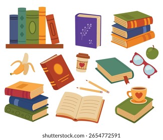 Book collection. Various stacks of books, open books, notebook for notes. Vector illustration in flat style. White isolated background.