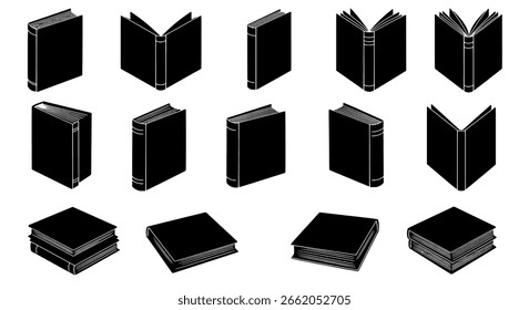 Icono de Vector de colección de libro conjunto de siluetas negras sólidas, mostrando libros desde diferentes ángulos para temas de educación, Biblioteca y estudio.
