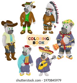 Book color flat illustration for Small Children in doodle style, set of teddy Bears in various national Costumes background isolated