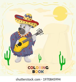 Book color Flat Illustration for Small Children in Doodle Style, Teddy Bear with Guitar in Mexican National Costume