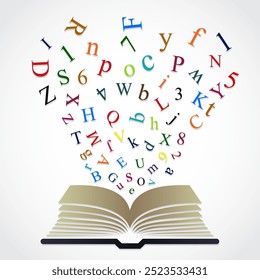 book with color flying letters and numbers 