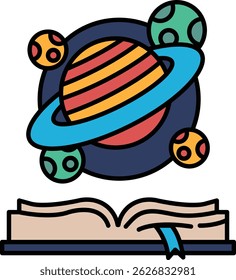 A book with a colorful illustration of a planet and a book cover. The photo is of a planet with a blue and red circle around it. The book is open to a page with a blue ribbon