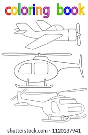 book coloring, helicopter, airplane, vector, isolated