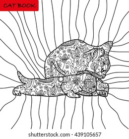 Book coloring pages for adults and children. The book of the cat. Mother cat with her kitten. Flowers patterns. Bohemian style. Page adults