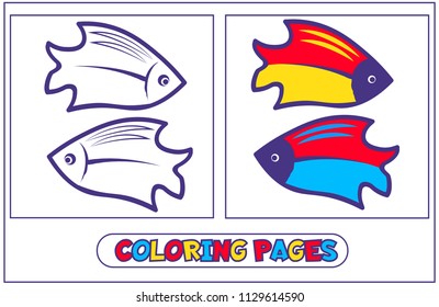 Book coloring with two bright fish .. For destkogo creativity. Black-and-white drawing from lines for coloring with paints and pencils. For drawing with the left hand. On a white background. Vector  