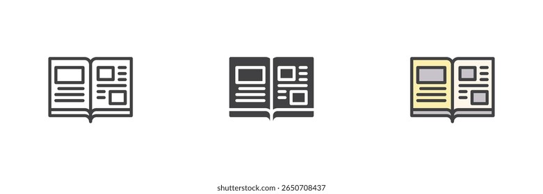 Livro com layout de colunas representando notícias ou artigos. Estilo de contorno do ícone na linha, sólido e preenchido. Ícone de leitura, jornalismo e vetor de conteúdo.