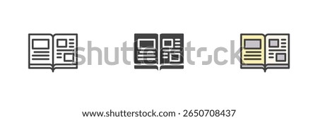 Book with columns layout representing news or article. Icon in line, solid and filled outline style. Reading, journalism and content vector icon.