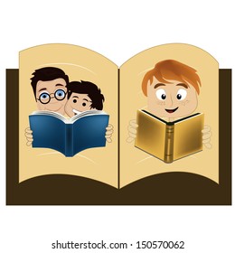 a book composed by illustrations of people reading books and having fun