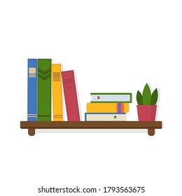 book composition and potted flower on the shelf, color vector illustration in flat style, clipart, design, decoration, icon, sign, sketch, banner, logo