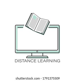 Book. Computer. Distance education. Vector line icon. Education, academic degree. Outline symbol 