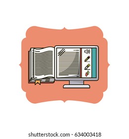 Book and computer icon. Ebook download elearning reading and electronic theme. Isolated design. Vector illustration