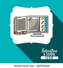 Book and computer inside frame icon. School education learning and study theme. Vector illustration