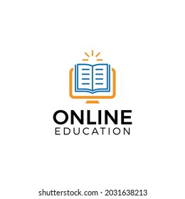 Book + computer. Simple flat online education logo. E-learning.