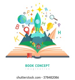 Book Concept With Flat Imagination And Education Symbols Vector Illustration