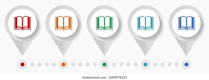 Book concept vector icons, editable infographic template, set of colorful flat design pointers