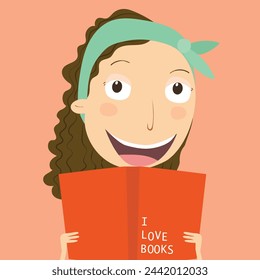Book concept world book day. Little girl reading a book. Vector Illustration.