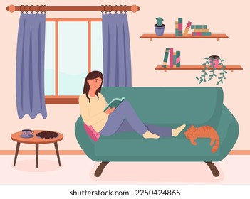 Book concept. A young woman is reading a book on the sofa. Vector illustration in the flat style.