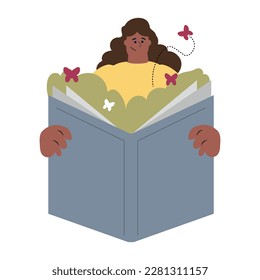 book concept, young woman reading a fiction or fantasy book. Imagination concept, vector illustration on white background.