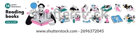 Book concepts, readers set. People read fantasy, fiction, education literature, learning dream world, studying. Imagination, knowledge. Flat graphic vector illustrations isolated on white background