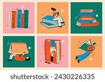 Book concepts set. Happy readers reading books and flying, laying , sitting everywhere. Flat trendy retro vector illustrations isolated on white background