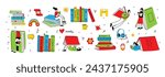 Book concepts set. Happy readers reading books and flying, laying , sitting everywhere. Flat trendy retro vector illustrations isolated on white background