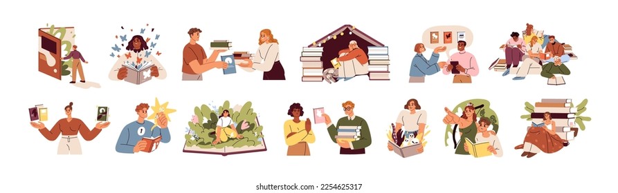 Book concepts set. Happy readers reading fiction, fantasy, fairytale, education and business literature for knowledge, wisdom, imagination. Flat vector illustrations isolated on white background