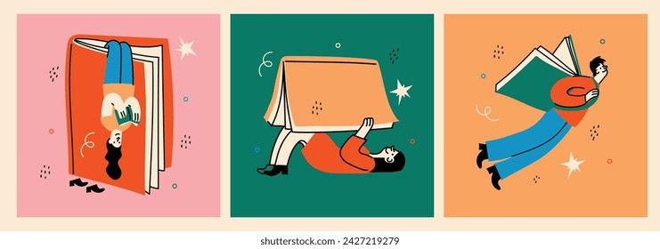 Book concepts set. Happy readers reading books and flying, laying , sitting everywhere. Flat trendy retro vector illustrations isolated on white background