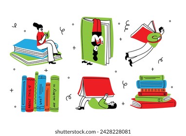 Conjunto de conceptos de libro. Lectores felices leyendo libros y volando, jugando , sentados por todas partes. Ilustraciones vectoriales retro de moda plana aisladas sobre fondo blanco