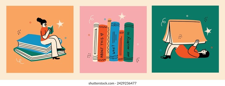 Book concepts set. Happy readers reading books and flying, laying , sitting everywhere. Flat trendy retro vector illustrations isolated on white background