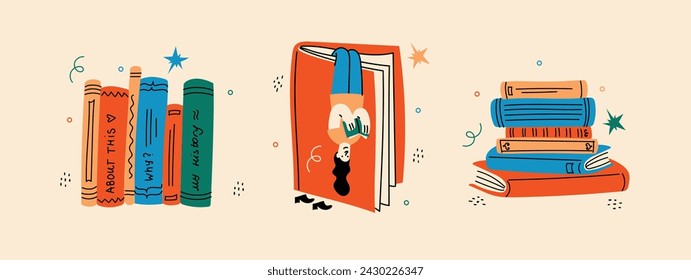 Conjunto de conceptos de libro. Lectores felices leyendo libros y volando, jugando , sentados por todas partes. Ilustraciones vectoriales retro de moda plana aisladas sobre fondo blanco