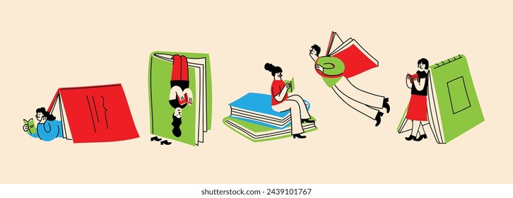 Conjunto de conceptos de libro. Lectores felices leyendo libros y volando, jugando , sentados por todas partes. Ilustraciones vectoriales retro de moda plana aisladas sobre fondo blanco