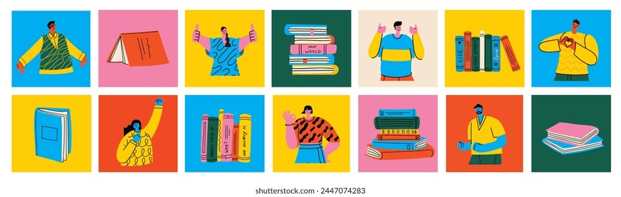 Book concepts set. Happy readers reading books and flying, laying , sitting everywhere. Flat trendy retro vector illustrations isolated on white background