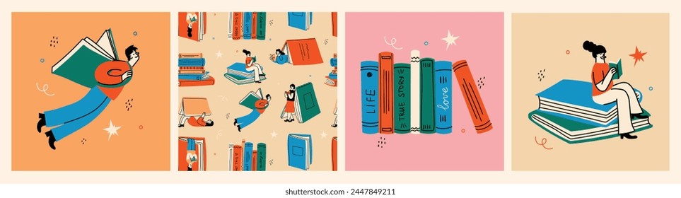 Book concepts set. Happy readers reading books and flying, laying , sitting everywhere. Flat trendy retro vector illustrations isolated on white background