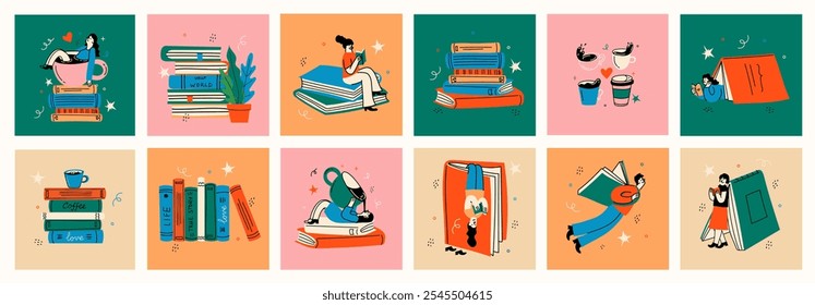 Conjunto de conceptos de libro. Lectores felices leyendo libros y volando, jugando, sentados en todas partes. Ilustraciones vectoriales retro de moda plana aisladas sobre fondo blanco