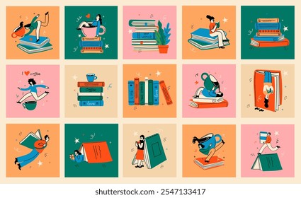 Book concepts set. Happy readers reading books and flying, laying , sitting everywhere. Flat trendy retro vector illustrations isolated on white background