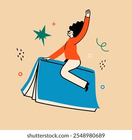 Conjunto de conceptos de libro. Lectores felices leyendo libros y volando, jugando, sentados en todas partes. Ilustraciones vectoriales retro de moda plana aisladas sobre fondo blanco