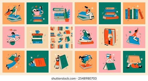 Book concepts set. Happy readers reading books and flying, laying , sitting everywhere. Flat trendy retro vector illustrations isolated on white background