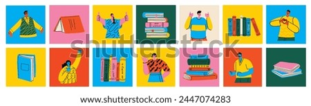 Book concepts set. Happy readers reading books and flying, laying , sitting everywhere. Flat trendy retro vector illustrations isolated on white background