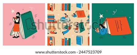 Book concepts set. Happy readers reading books and flying, laying , sitting everywhere. Flat trendy retro vector illustrations isolated on white background