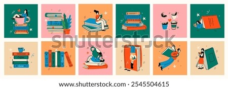 Book concepts set. Happy readers reading books and flying, laying , sitting everywhere. Flat trendy retro vector illustrations isolated on white background