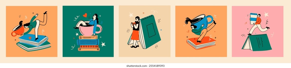 Book concepts set. Happy woman reading books and laying in the cup of coffee. Flat trendy retro vector illustrations isolated on background