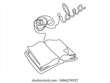  libro continuo dibujo de una línea. Libro abierto de dibujo en línea con símbolo de idea. Concepto de educación escolar. Ilustración vectorial aislada en blanco.